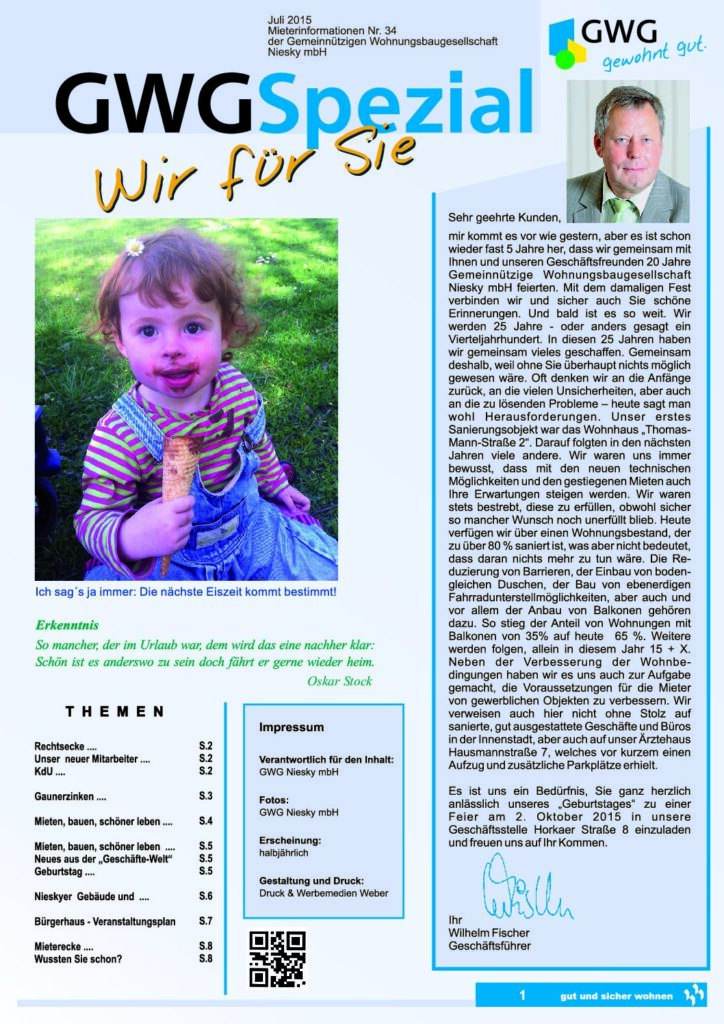 Titelseite: GWG Mieterzeitung Juli 2015