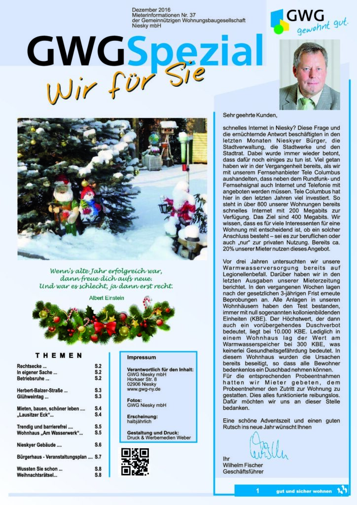 Titelseite: GWG Mieterzeitung Dezember 2016