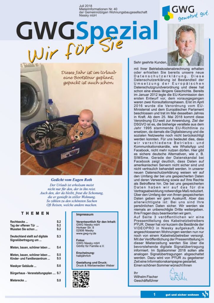 Titelseite: GWG Mieterzeitung Juli 2018