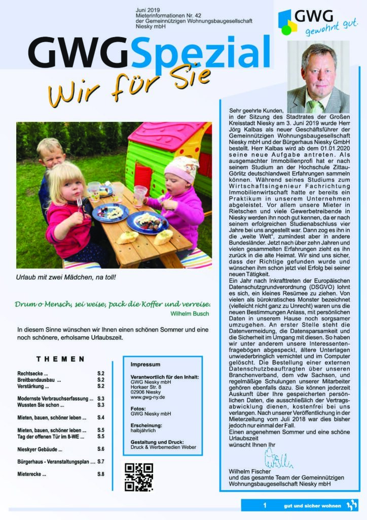 Titelseite: GWG Mieterzeitung Juli 2019