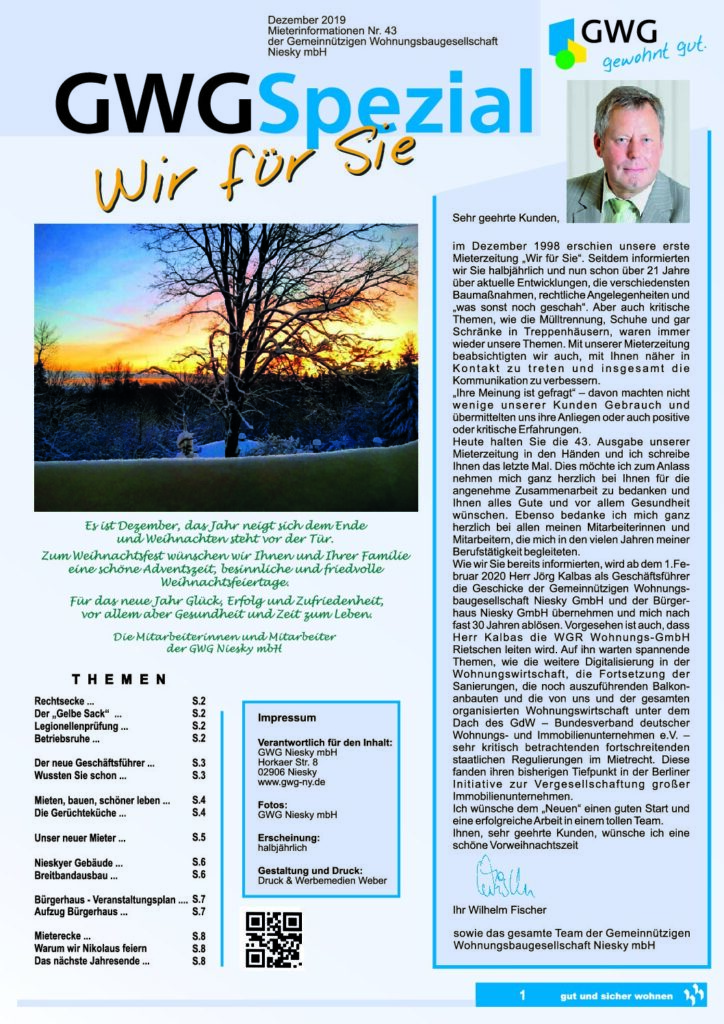 Titelseite: GWG Mieterzeitung Dezember 2019